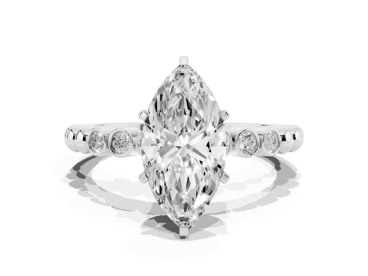 Marquise Cut Solitaire Bezel Accent Diamond Engagement Ring with Beaded Band and Four-Prong Setting Platinum