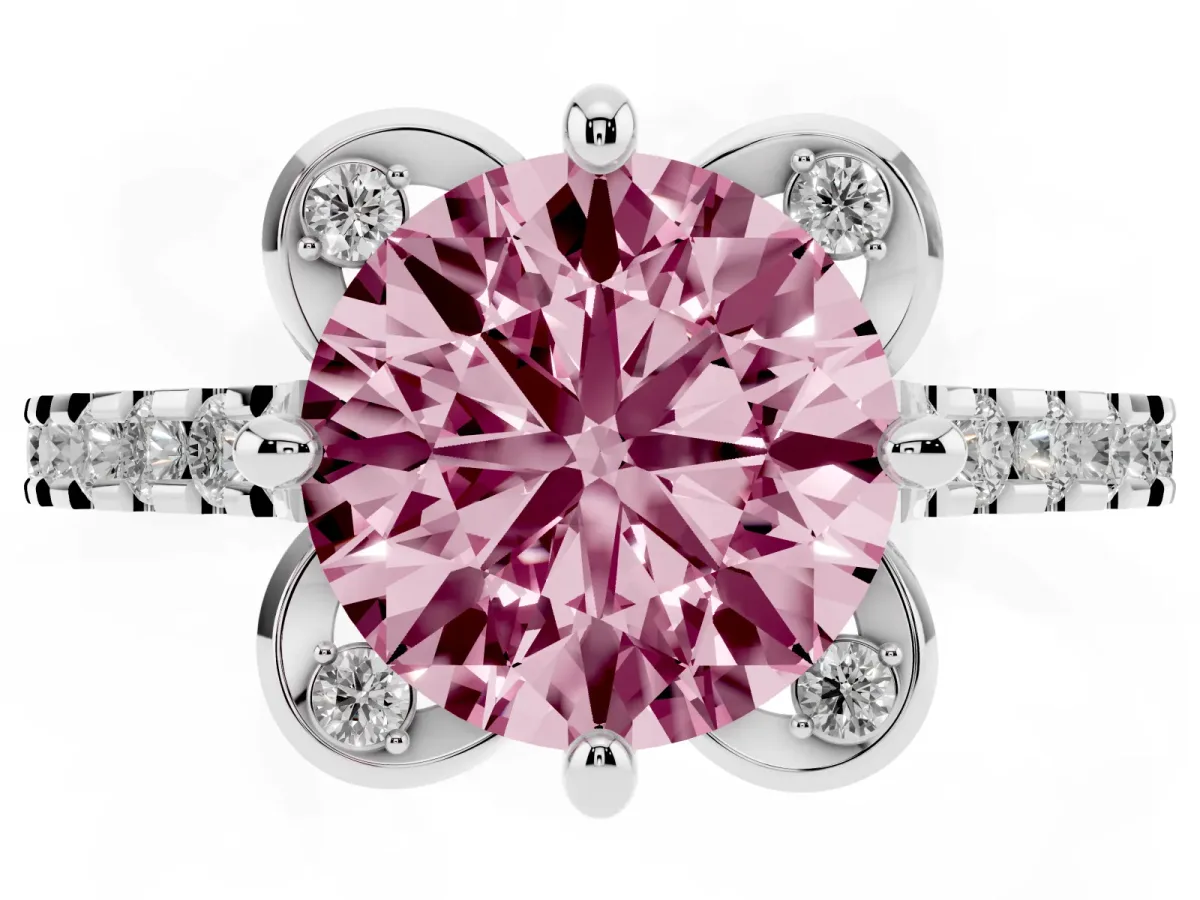 Fancy Pink Round Cut Diamond Ring with Pavé Band and Floral Prong Setting Silver