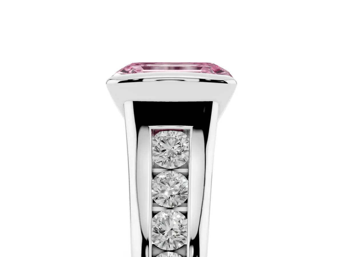 Fancy Pink Emerald Cut Solitaire Bezel-Set Diamond Ring with Channel-Set Band Platinum