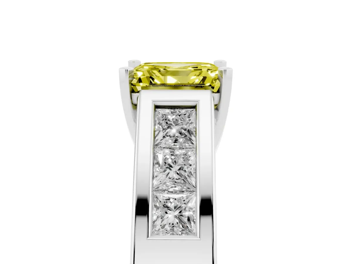 Fancy Yellow Asscher Cut Cut Channel Set Solitaire Ring with Four-Prong Setting White gold