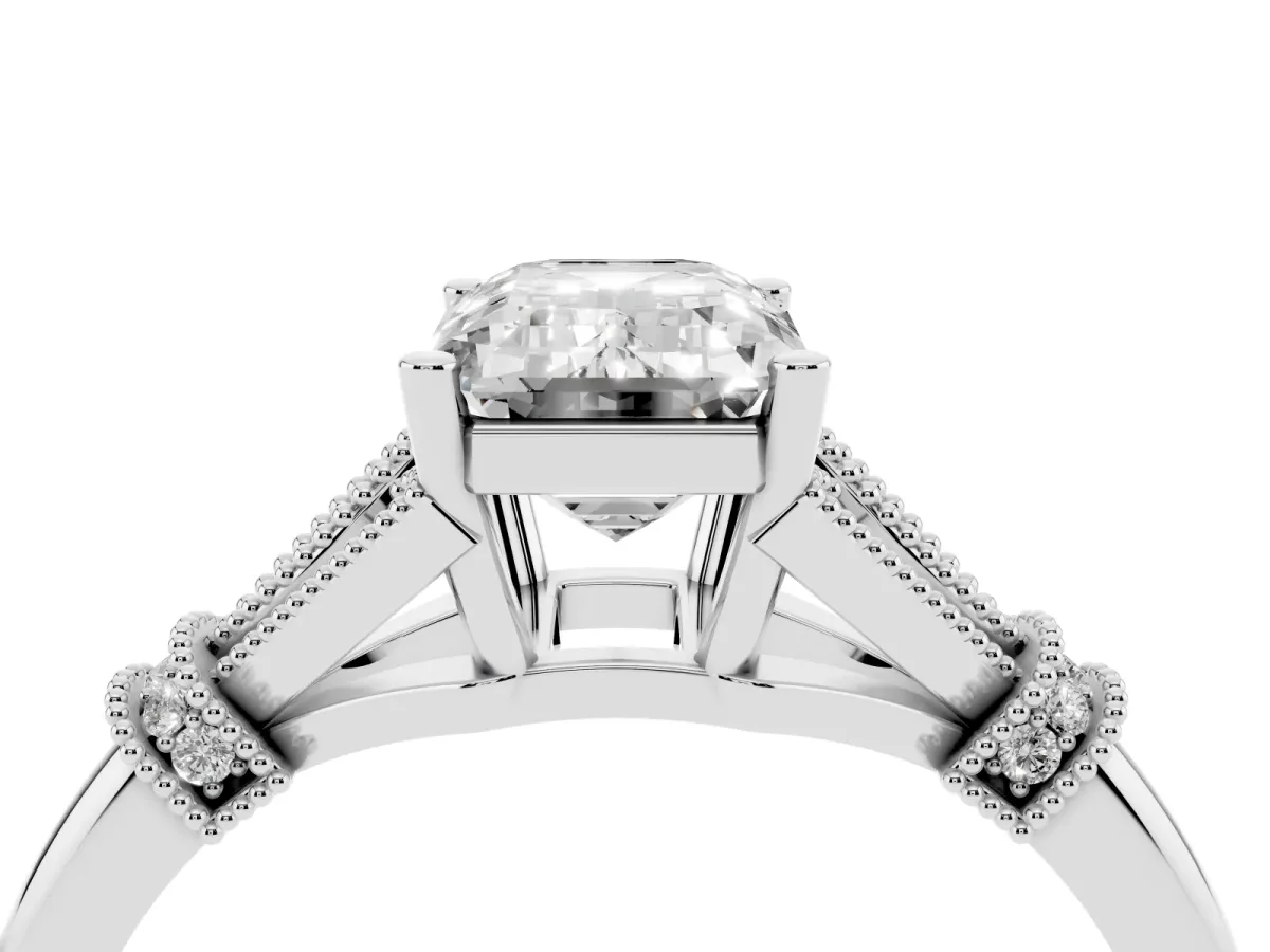Emerald Cut Diamond Solitaire Ring with Floral Filigree and Pave Accents Silver