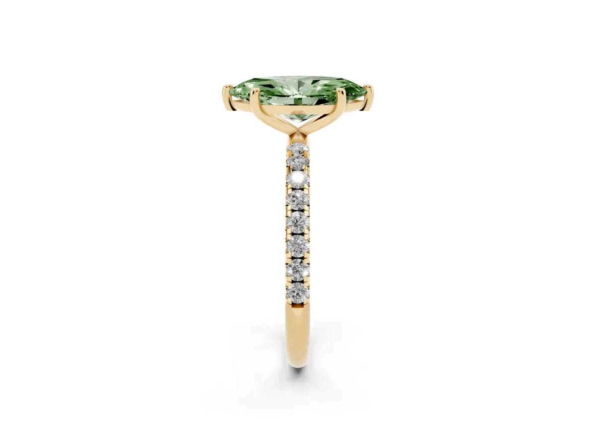 Fancy Green Marquise Cut Cut Diamond Solitaire Ring with Micro Pave Band and Four Prong Setting Yellow gold