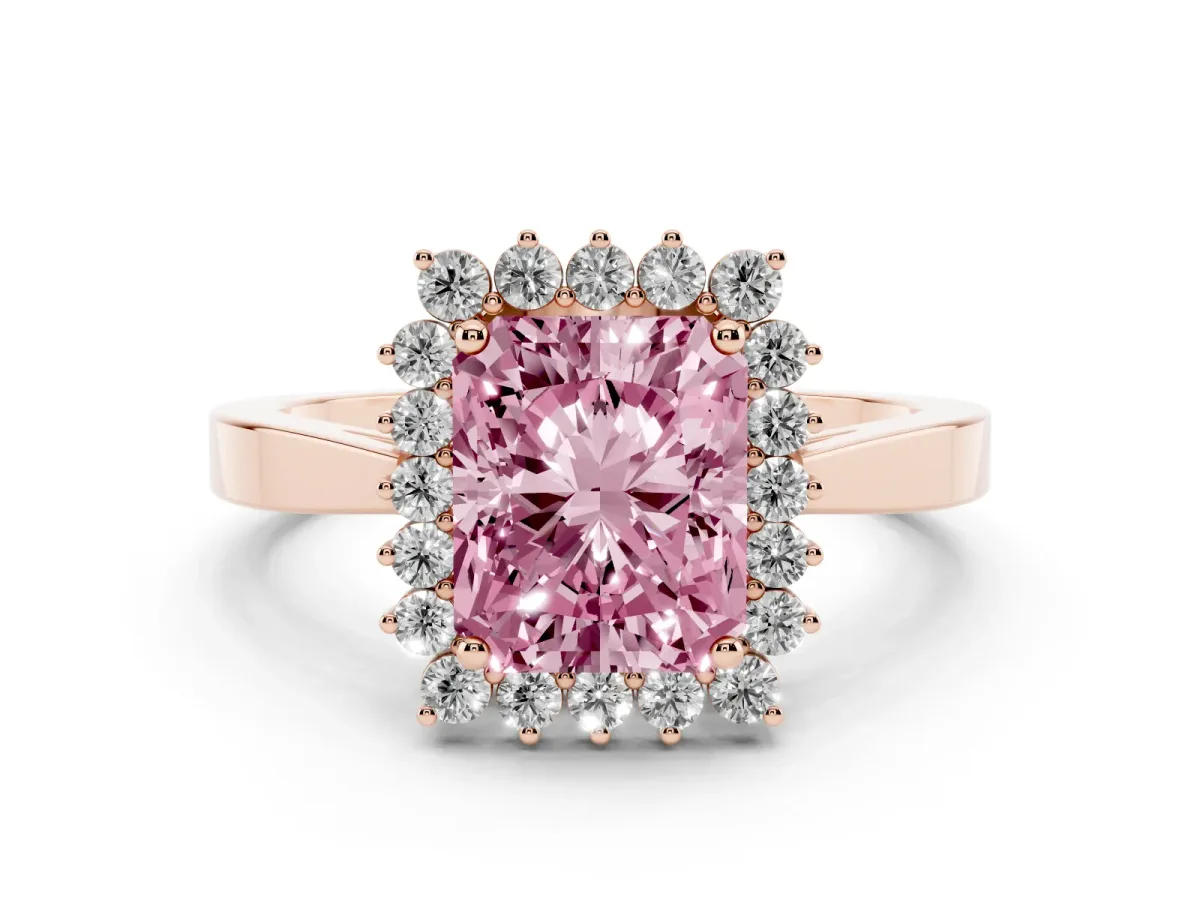 Fancy Pink Radiant Cut Cut Diamond Halo Ring with Round Brilliant Halo and Solitaire Band Rose gold