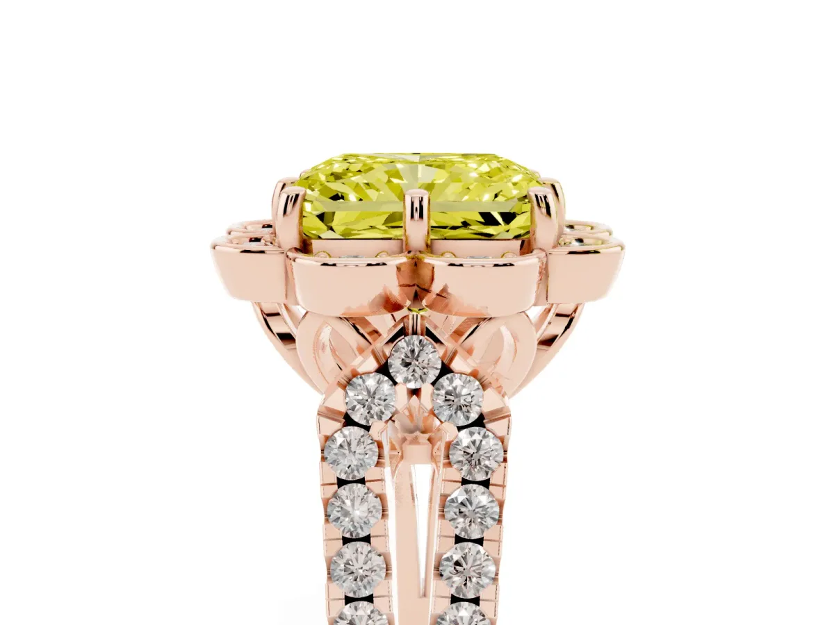 Fancy Yellow Radiant Cut Halo Diamond Floral Split Shank Engagement Ring Rose gold
