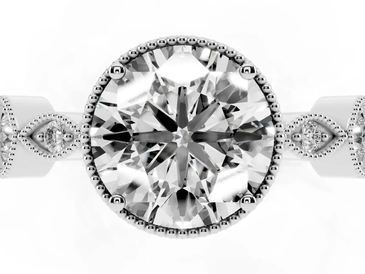 Round Cut Diamond Vintage Milgrain Ring with Round Stations Platinum