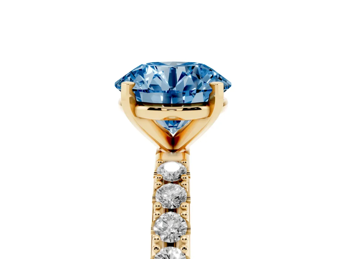 Fancy Blue Round Cut Diamond Solitaire Pavé Band with Four-Prong Setting Yellow gold