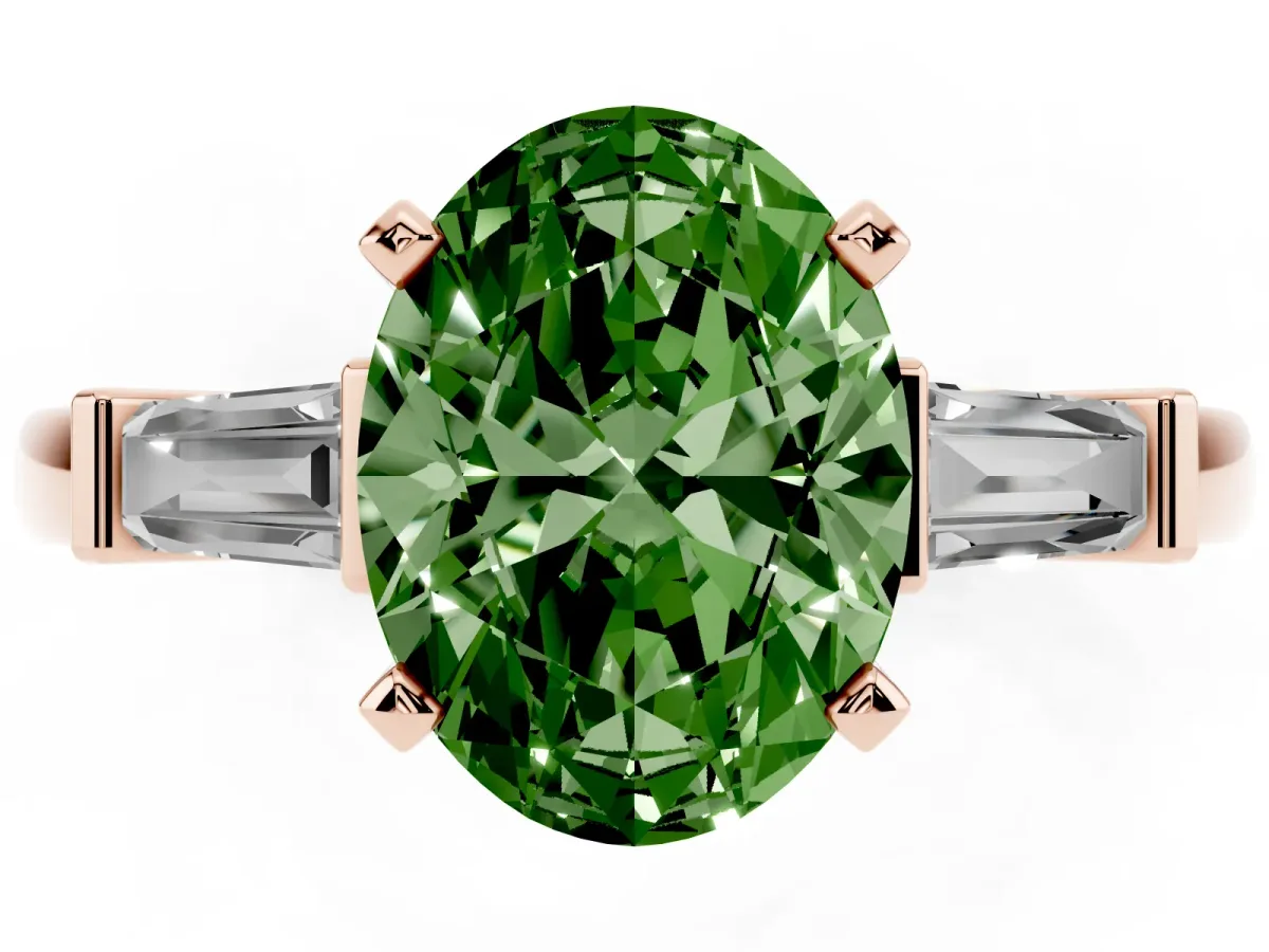 Fancy Green Oval Cut Cut Diamond Solitaire Ring with Tapered Baguette Accents and Four-Prong Setting Rose gold