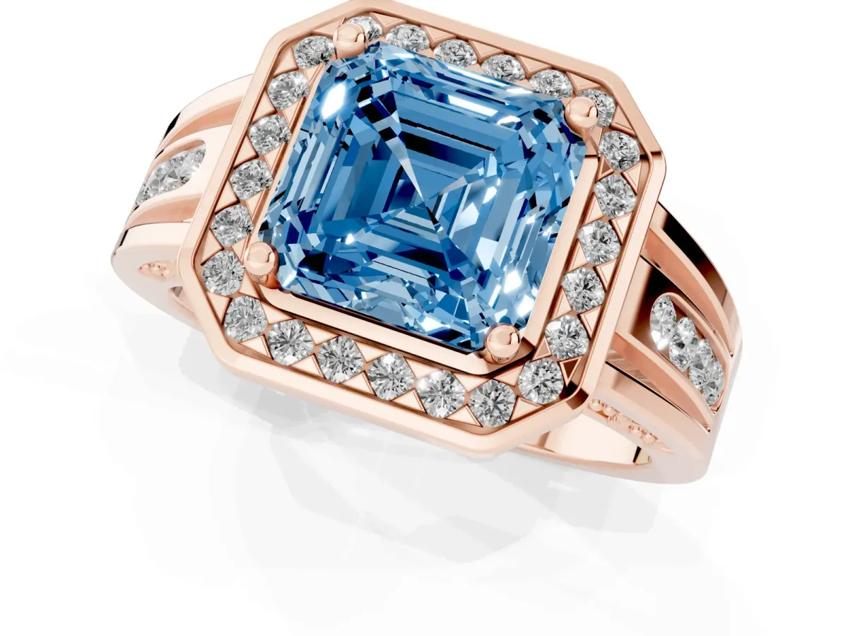 Fancy Blue Asscher Cut Diamond Halo Ring with Split Shank and Bezel Accents and Prong Setting Rose gold