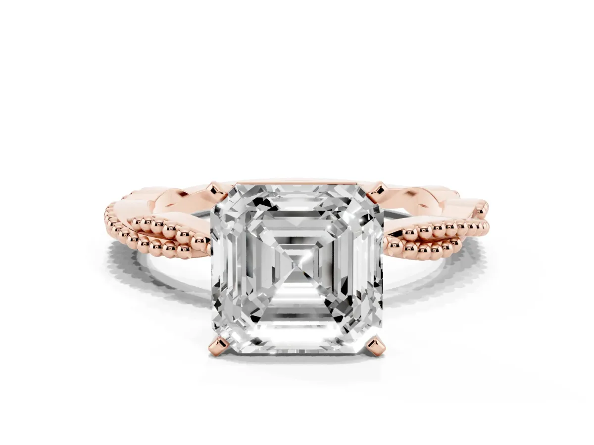Asscher Cut Solitaire Twisted Band with Bead Prong Setting Rose gold