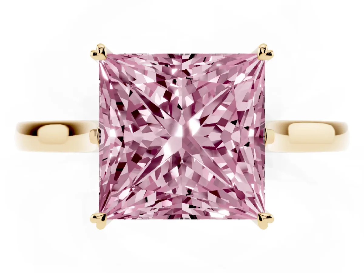 Fancy Pink Princess Cut Solitaire Heart Prong Engagement Ring with Tapered Band Yellow gold