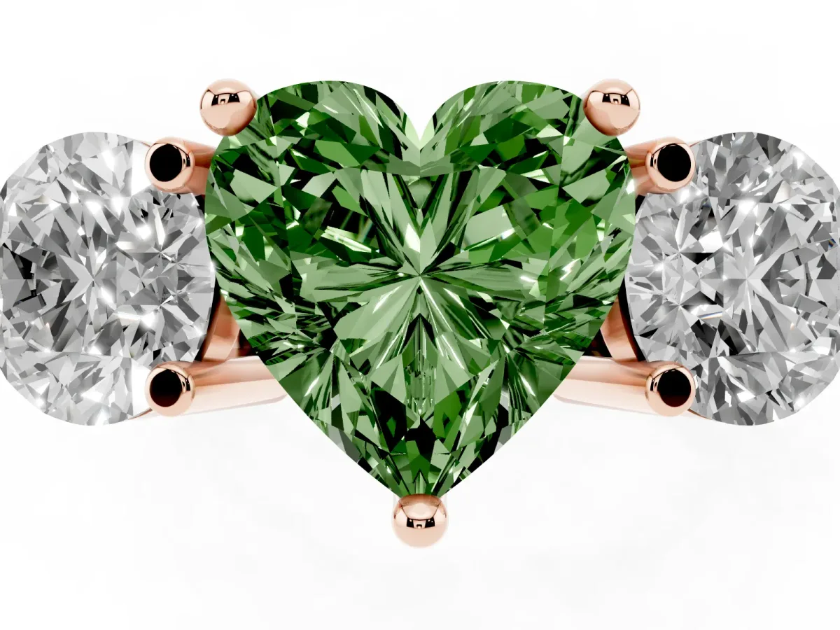 Fancy Green Three-Stone Heart Cut Brilliant Cut Solitaire Ring with Prong Setting on a Classic Band Rose gold