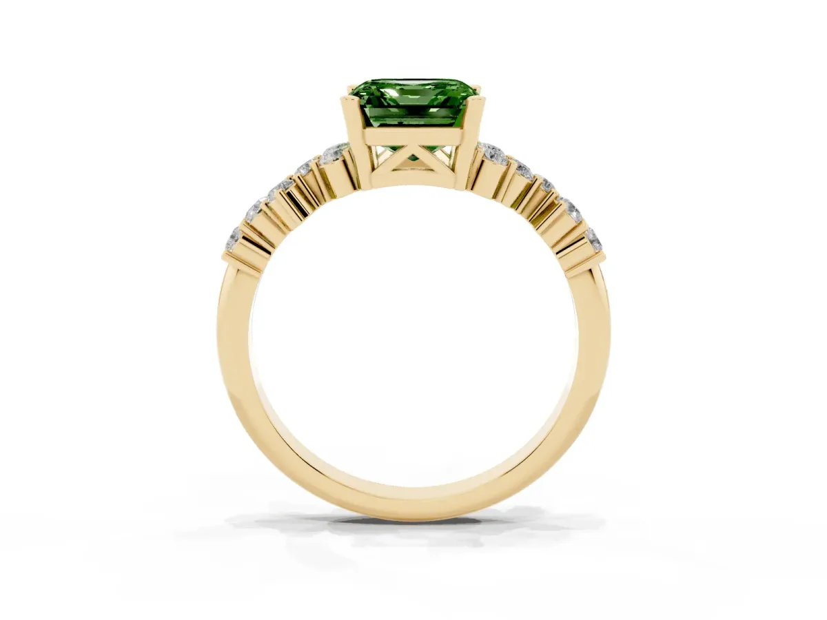 Fancy Green Asscher Cut Diamond Scattered Round Accent Ring with Prong Setting Yellow gold