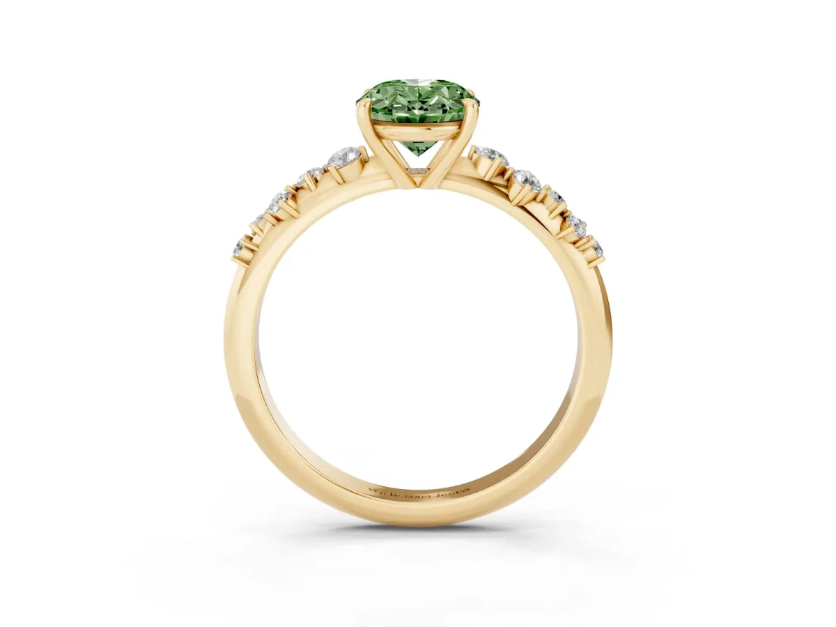 Fancy Green Oval Cut Diamond Cluster Side Stone Solitaire Ring with Prong Setting Yellow gold