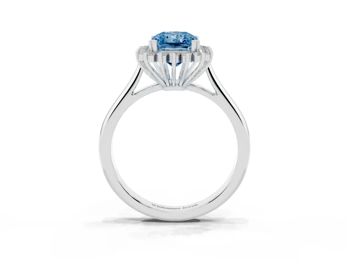Fancy Blue Radiant Cut Cut Diamond Halo Ring with Solitaire Band and Prong Setting White gold