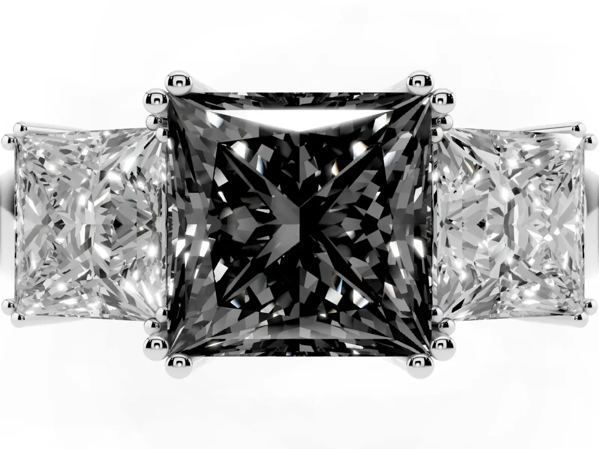 Fancy Black Three-Stone Princess Cut Cut Diamond Ring with Channel Set Band and Four-Prong Setting Platinum