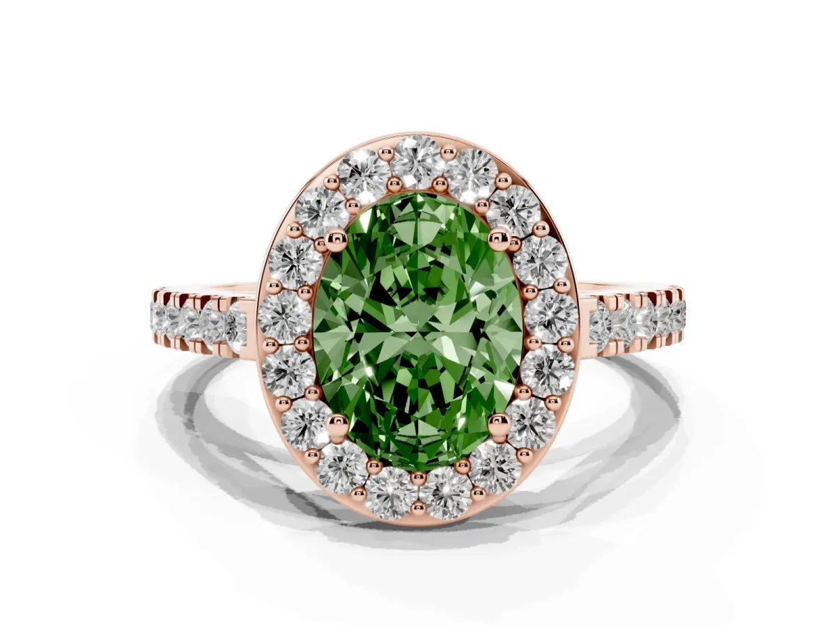 Fancy Green Oval Cut Diamond Halo Ring with Round Pavé Split Shank and Prong Setting Rose gold