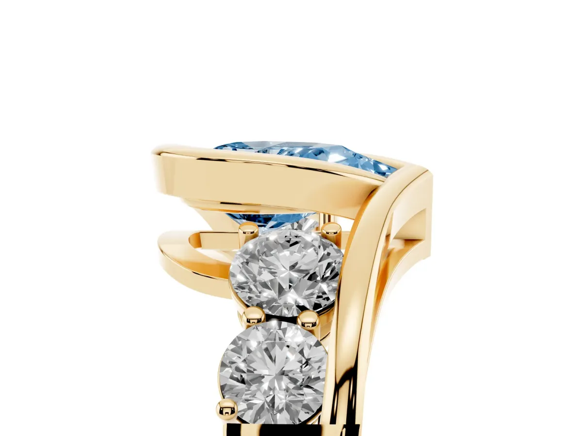 Fancy Blue Bezel Set Pear Cut Diamond Bypass Ring with Round Accents Yellow gold