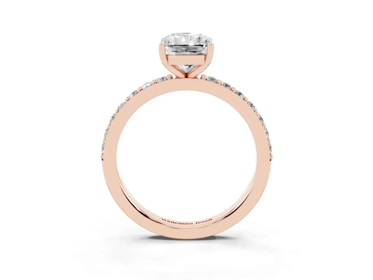 Radiant Cut Cut Diamond Solitaire with Pave Band and Four-Prong Setting Rose gold