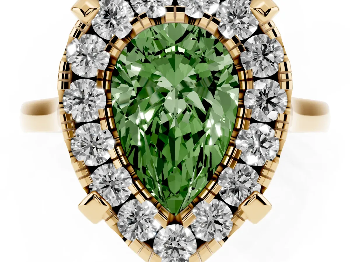 Fancy Green Pear Cut Diamond Cluster Halo Solitaire with Four-Prong Setting Yellow gold