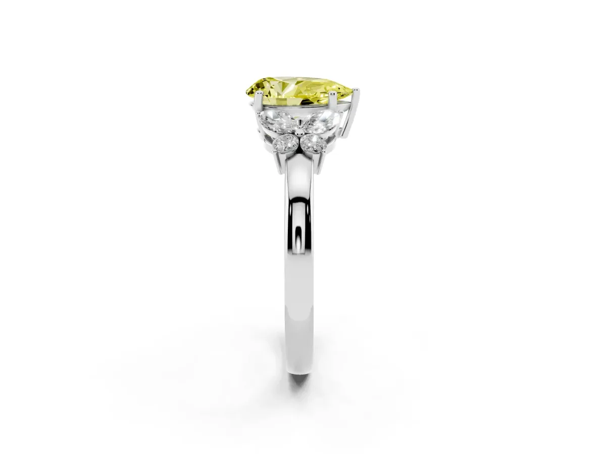 Fancy Yellow Pear Cut Cut Solitaire Floral Diamond Ring with Four-Prong Setting Platinum