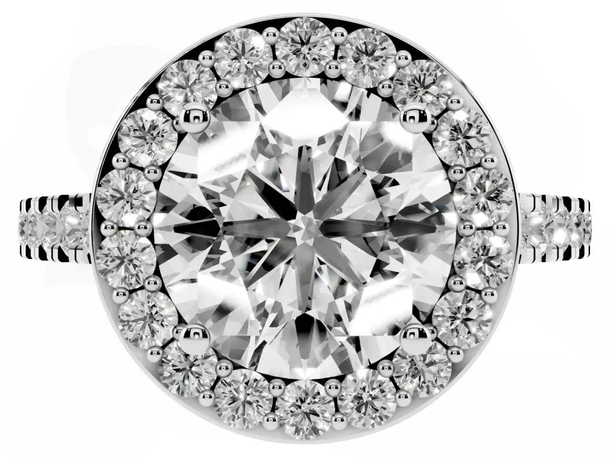 Round Cut Diamond Halo Ring with Round Pavé Split Shank and Prong Setting Silver