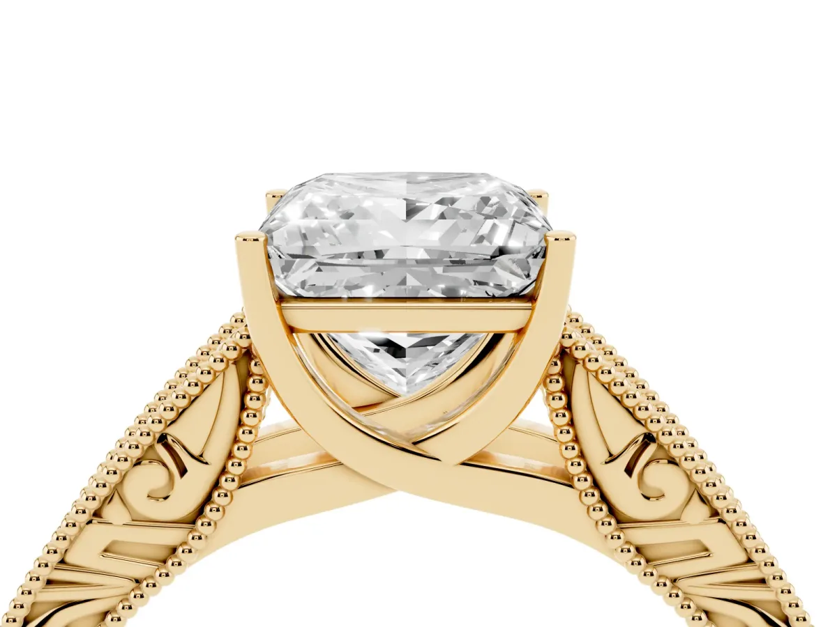 Princess Cut Diamond Solitaire Ring with Engraved Band and Four-Prong Setting Yellow gold