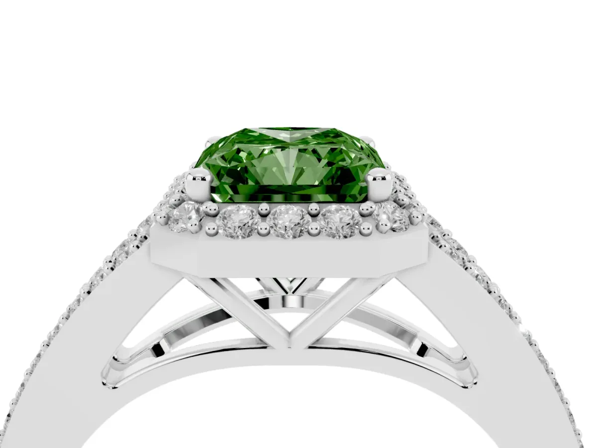 Fancy Green Radiant Cut Halo Split Shank Pave Diamond Ring with Four-Prong Setting Platinum