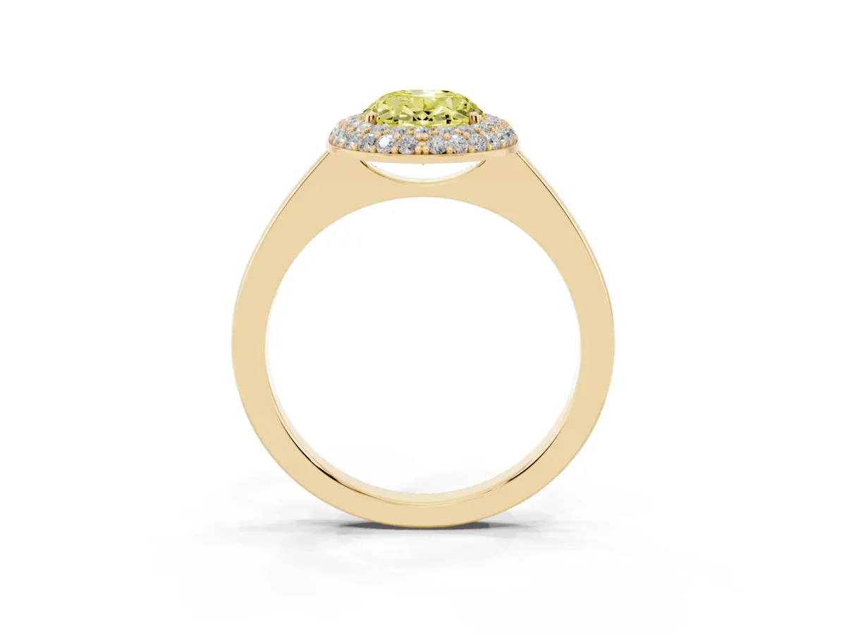 Fancy Yellow Oval Cut Halo Diamond Engagement Ring with Solitaire Band and Four-Prong Setting Yellow gold