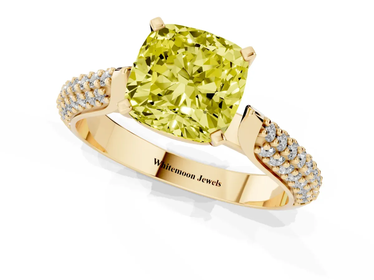 Fancy Yellow Cushion Cut Diamond Solitaire Engagement Ring with Multi-Row Round Pavé Band and Prong Setting Yellow gold