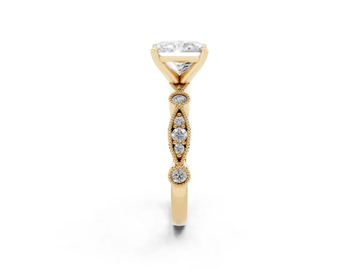 Radiant Cut Milgrain Bezel Diamond Engagement Ring with Solitaire Prong Setting Yellow gold