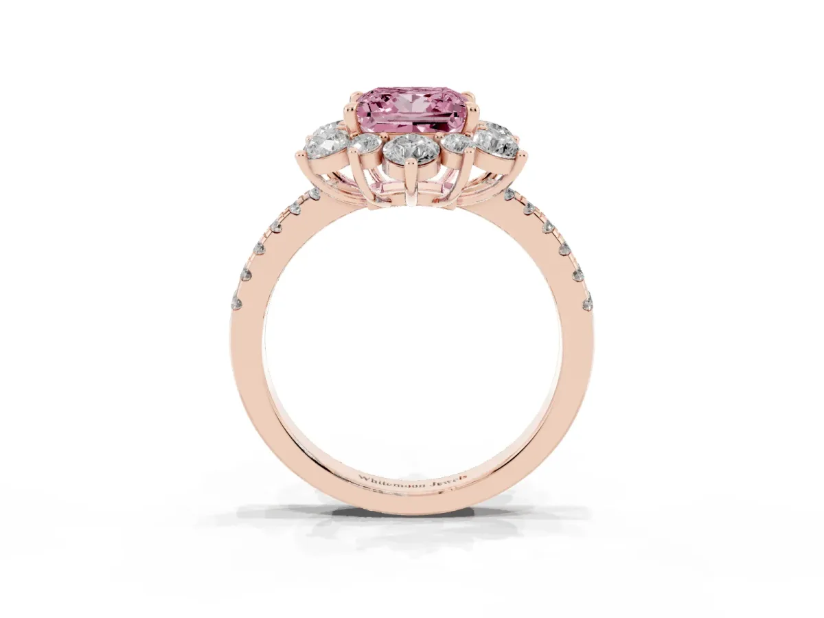 Fancy Pink Princess Cut Diamond Floral Halo Ring with Round Pavé Band and Prong Setting Rose gold