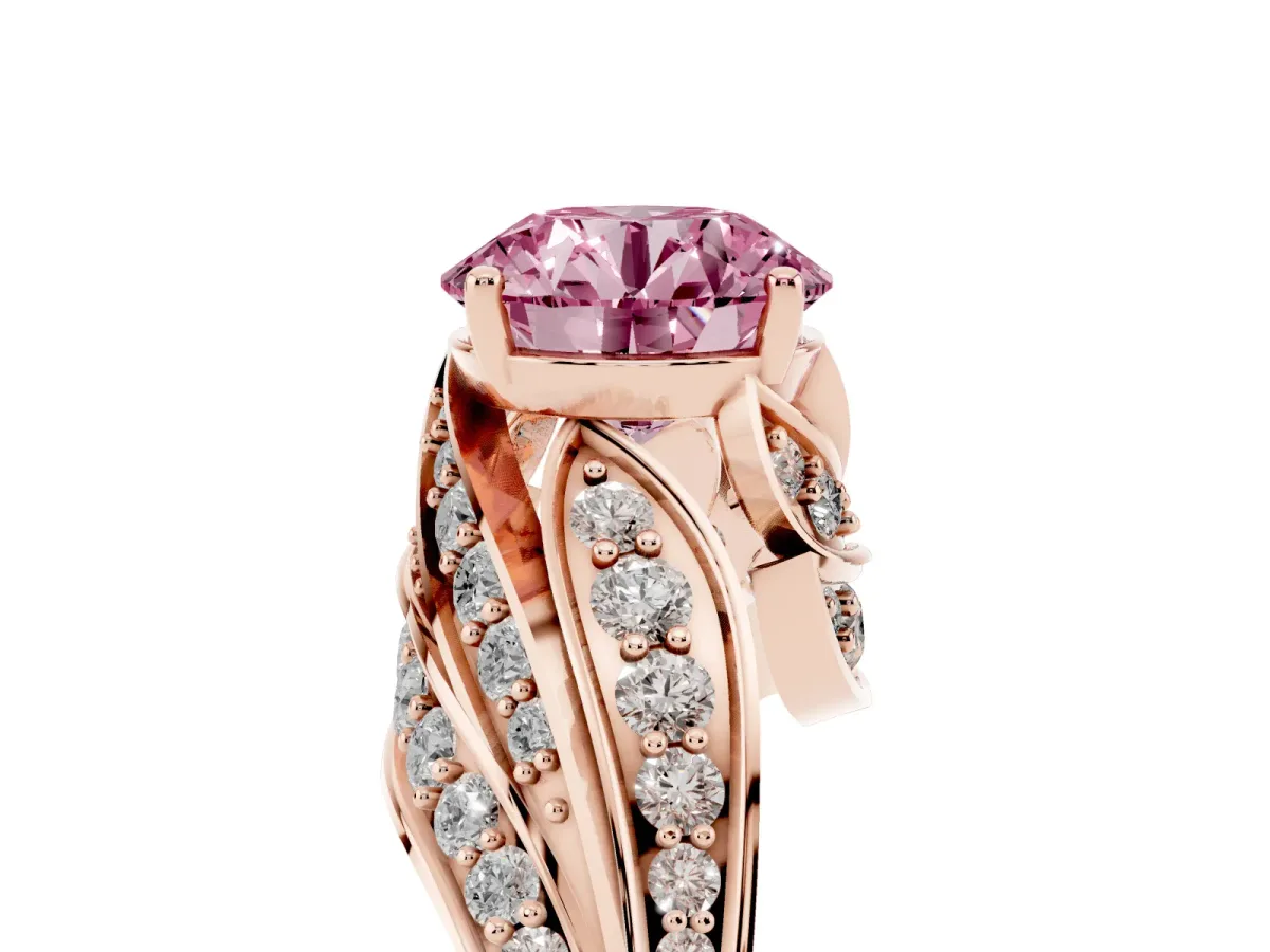 Fancy Pink Round Cut Diamond Solitaire Ring with Prong Setting and Twisted Pavé Band Rose gold