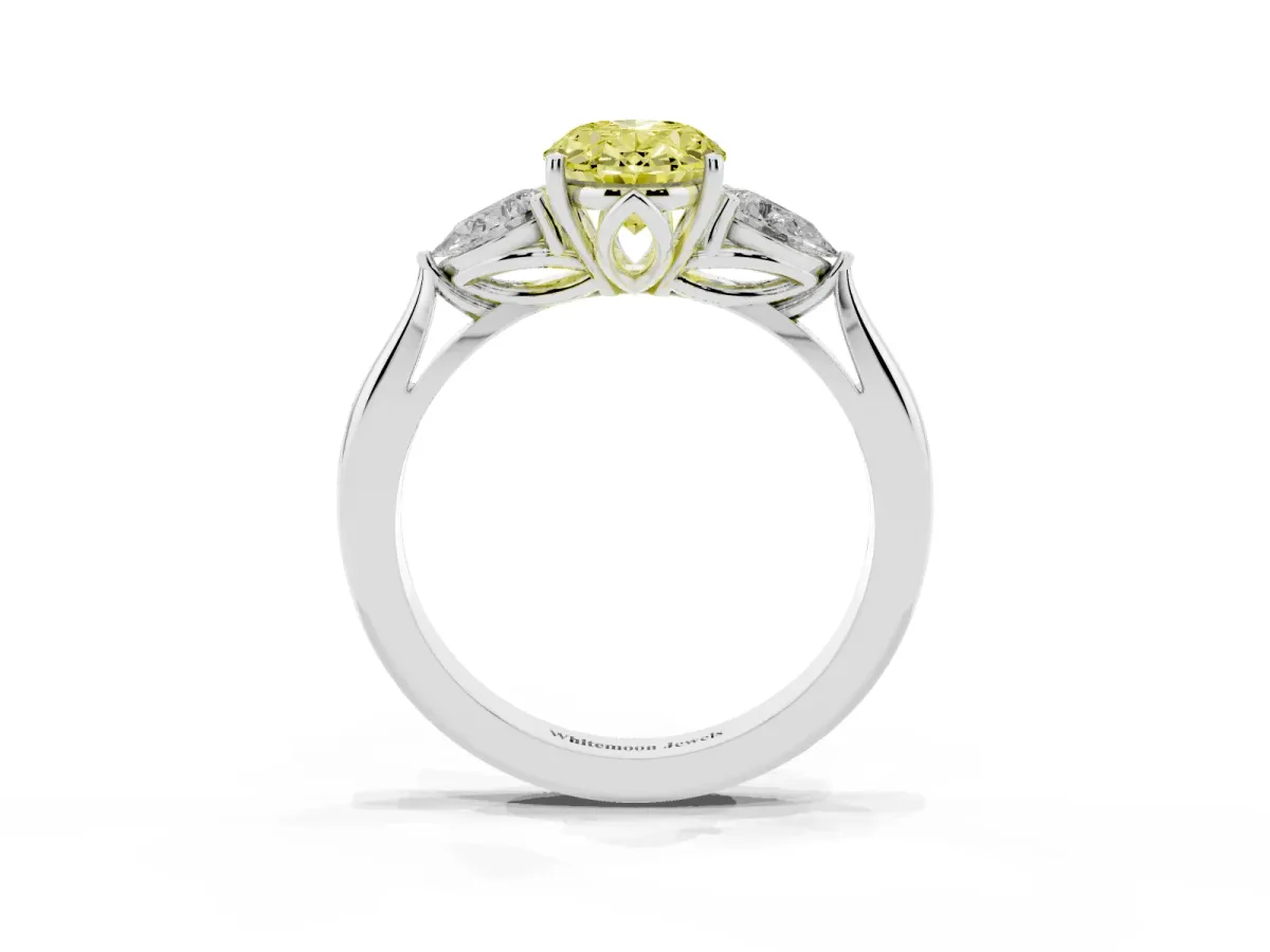 Fancy Yellow Three-Stone Oval Cut Diamond Ring with Pear Side Stones in Four-Prong Setting Silver