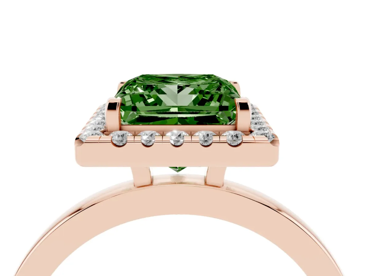 Fancy Green Princess Cut Halo Diamond Solitaire with Pavé Band and Four-Prong Setting Rose gold