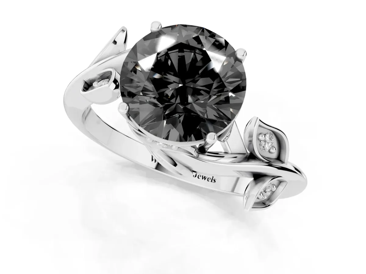 Fancy Black Round Cut Solitaire Twist Engagement Ring with Leaf Accents and Prong Setting Silver
