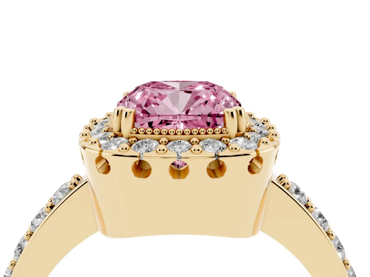 Fancy Pink Cushion Cut Diamond Halo Ring with Pavé Band and Prong Setting Yellow gold