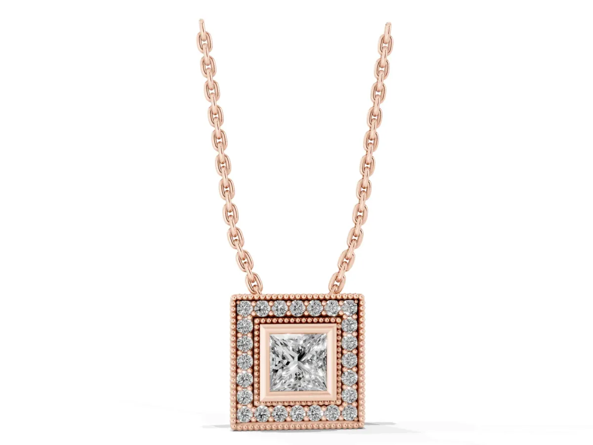 Square Halo Princess Cut Pendant with Bezel Setting Rose gold
