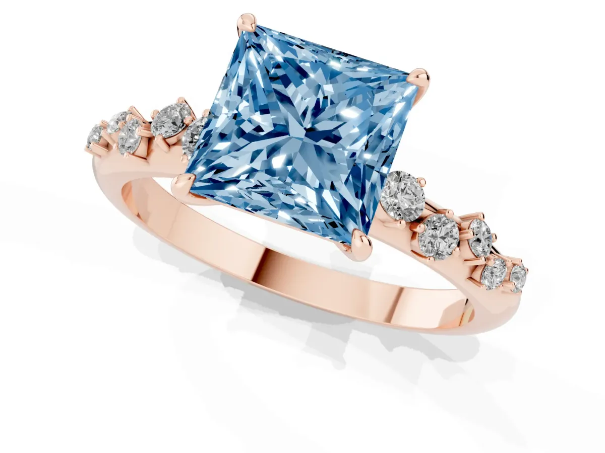 Fancy Blue Princess Cut Diamond Cluster Prong-Set Solitaire Ring Rose gold