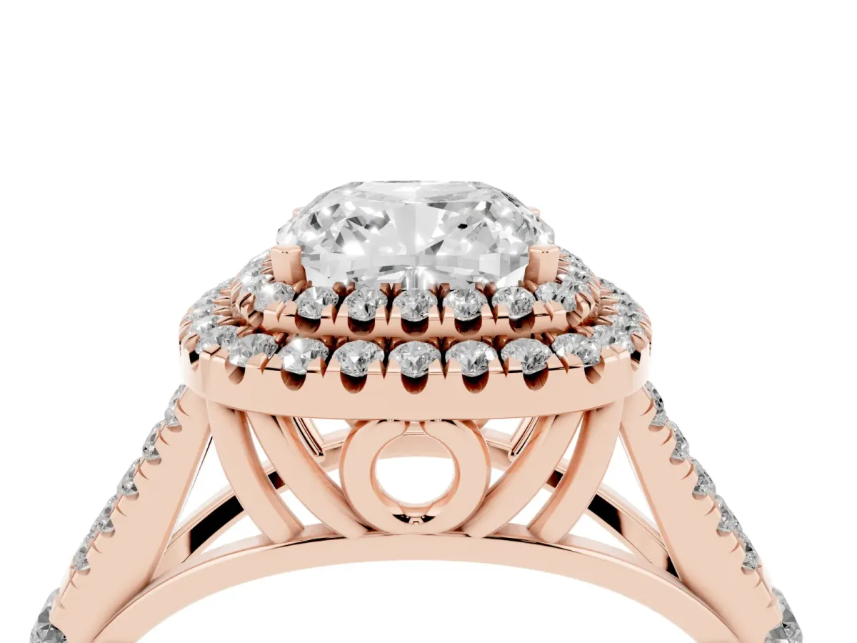 Cushion Cut Diamond Pavé Split Shank Double Halo Engagement Ring Rose gold
