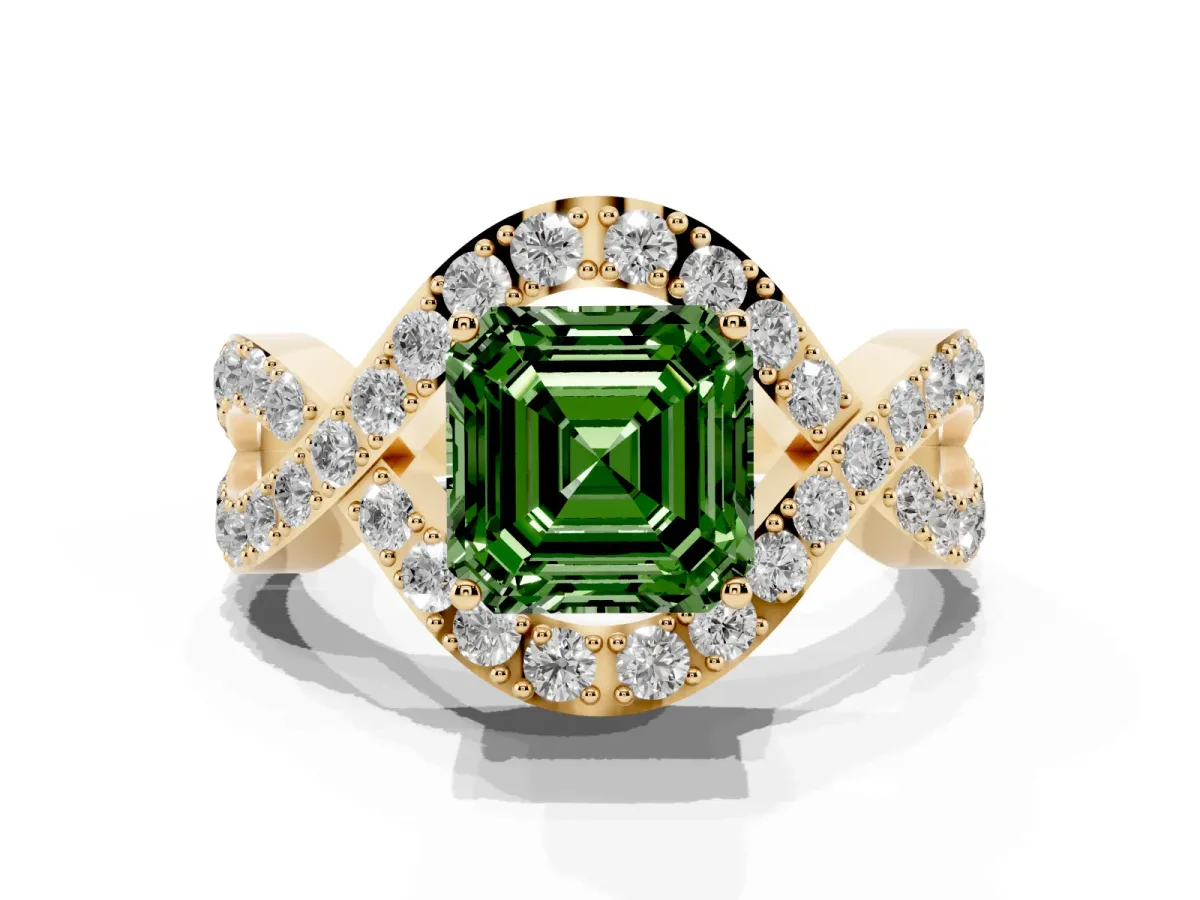 Fancy Green Asscher Cut Solitaire Twist Band Pavé Diamond Engagement Ring Yellow gold