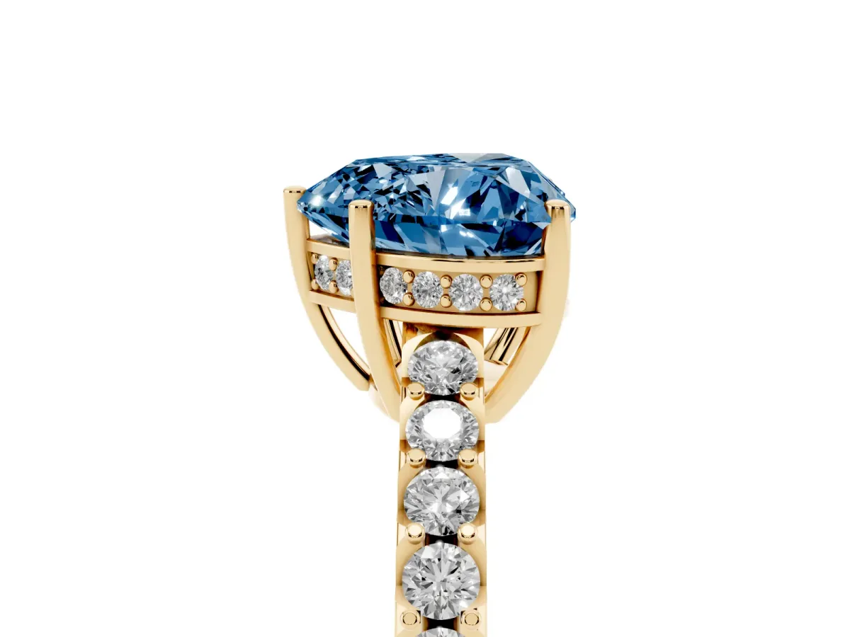 Fancy Blue Heart Cut Solitaire Diamond Engagement Ring with Pavé Band and Six-Prong Setting Yellow gold