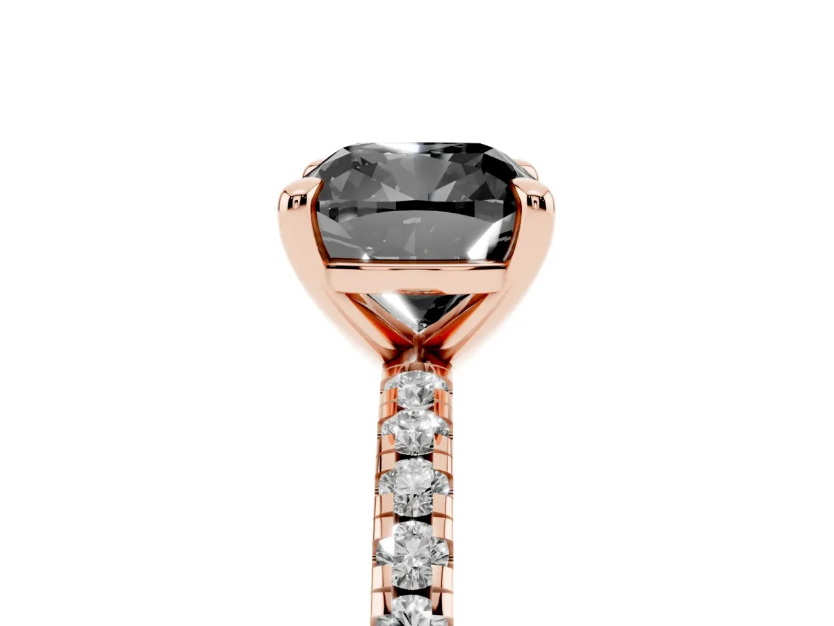 Fancy Black Cushion Cut Diamond Brilliant Solitaire Ring with Pavé Band and Four-Prong Setting Rose gold