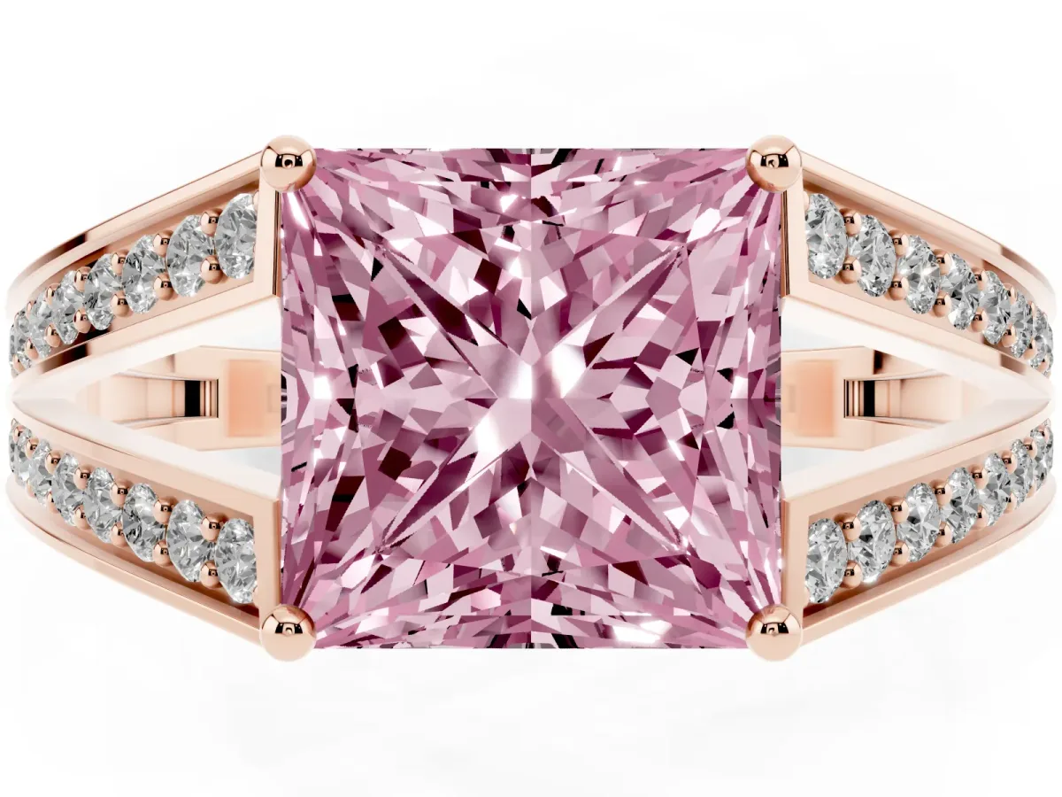 Fancy Pink Princess Cut Diamond Split Shank Ring with Pavé Band and Four-Prong Setting Rose gold
