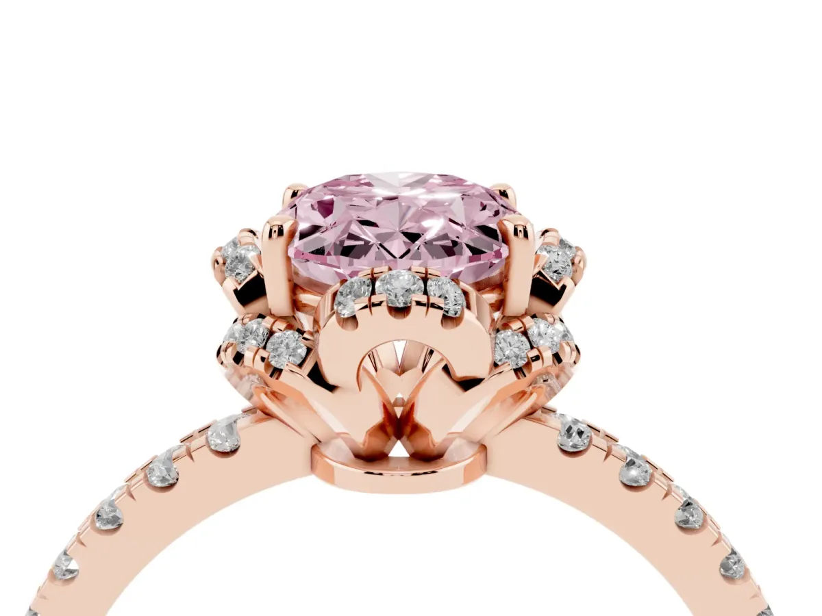 Fancy Pink Oval Cut Diamond Halo Pave Band with Four-Prong Setting Rose gold