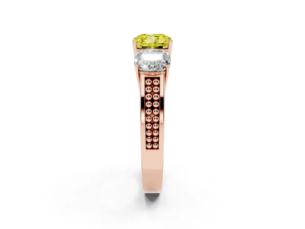 Fancy Yellow Cushion Cut Diamond Three-Stone Ring with Prong Setting and Textured Band Rose gold