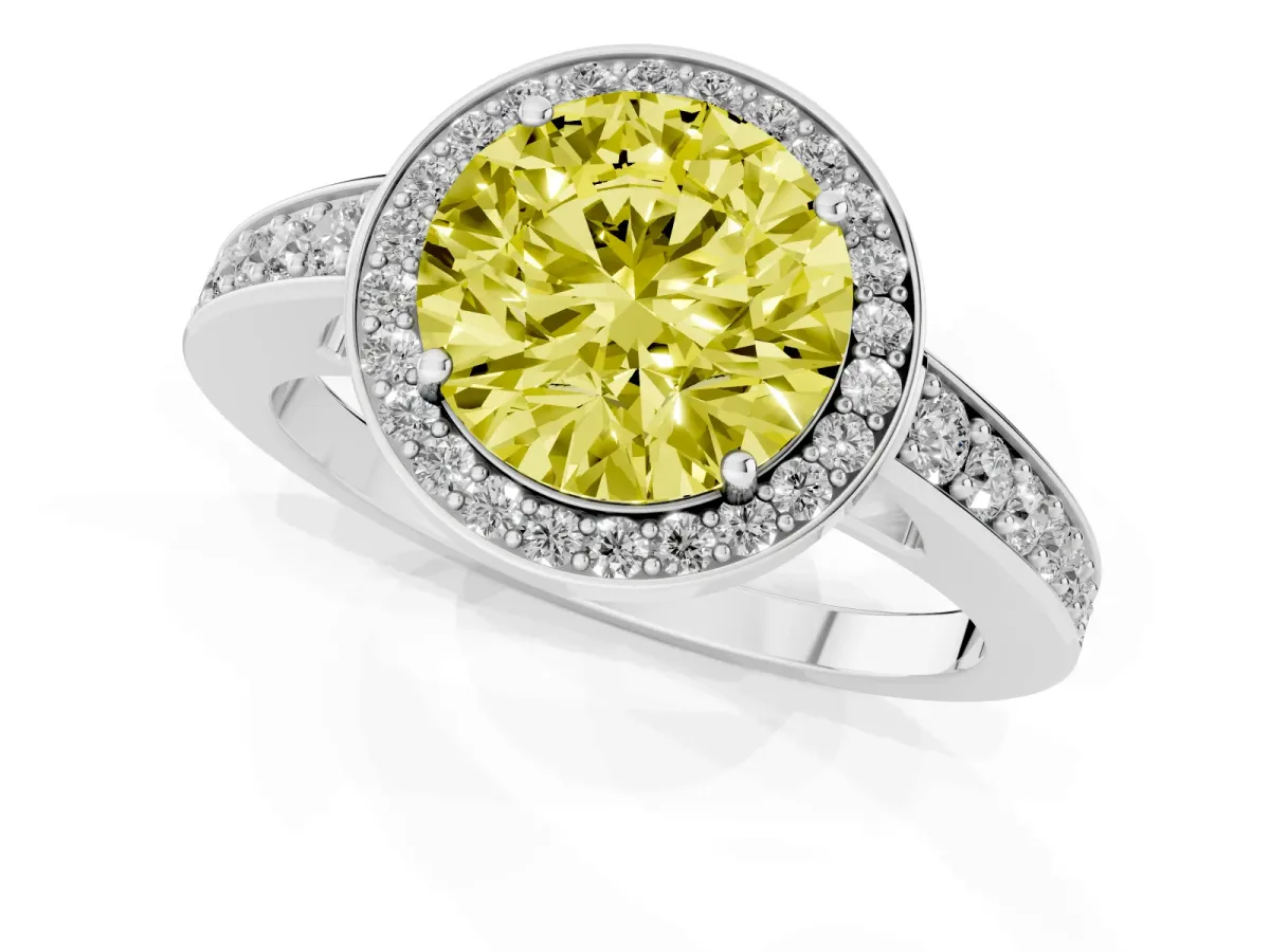 Fancy Yellow Round Cut Halo Pavé Diamond Engagement Ring with Bezel Setting Silver