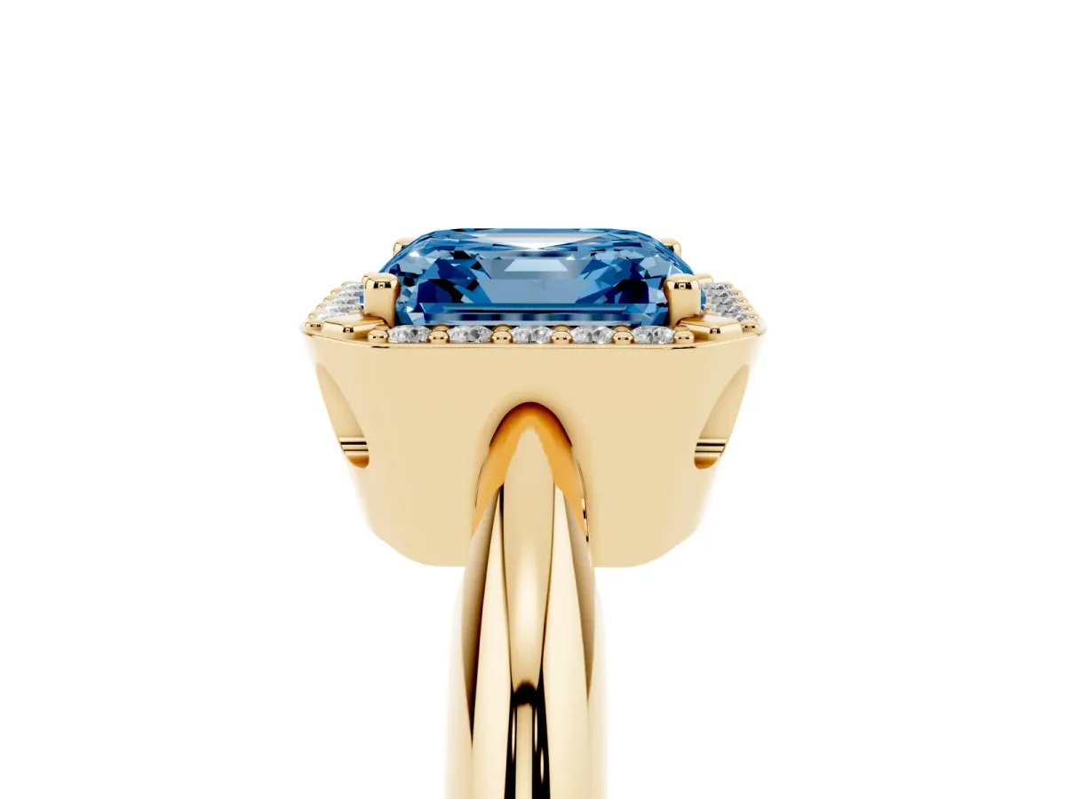 Fancy Blue Asscher Cut Cut Diamond Halo Engagement Ring with Split Shank and Four-Prong Setting Yellow gold