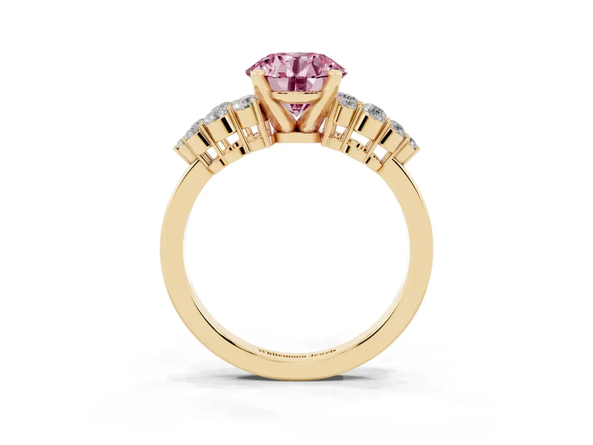 Fancy Pink Round Cut Cluster Diamond Engagement Ring with Pavé Band and Four-Prong Setting Yellow gold