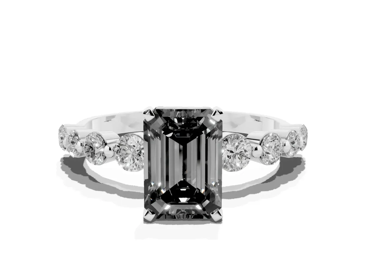 Fancy Black Emerald Cut Solitaire Diamond Ring with Pave Band and Four-Prong Setting Silver