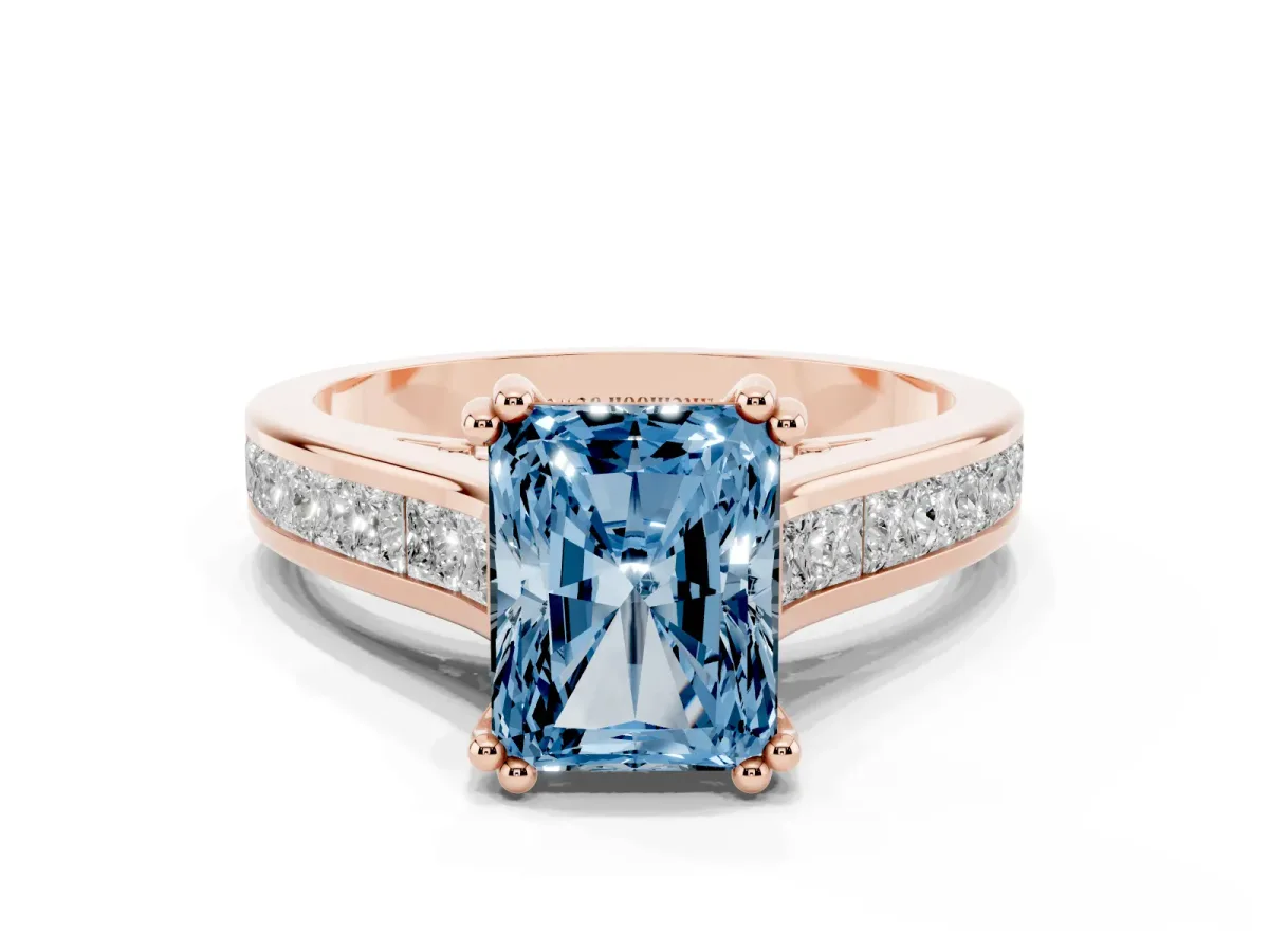 Fancy Blue Radiant Cut Cut Channel Set Solitaire Engagement Ring with Prong Setting Rose gold